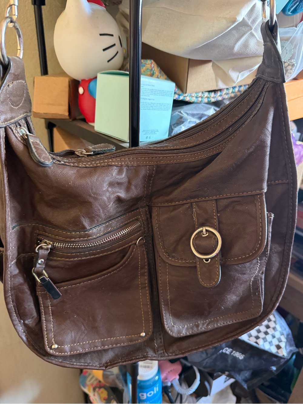 Rosetti Brown Leather Shoulder Bag with Front Pockets